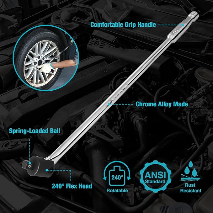 DURATECH Breaker Bar, 1/2'' Drive 24-Inch Breaker Bars Heavy Duty, with 240° Flex Head, Spring-loaded Detent Ball, Premium Chrome Alloy Made