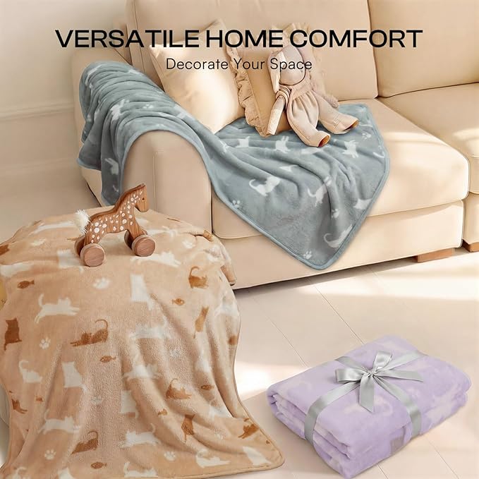 Luciphia 1 Pack 3 Blankets, Cute Cat Printed Fluffy Fleece Pet Blanket for Dogs Cats Washable, Warm Soft Throw Cover for Crate Couch, Gifts Puppy Essentials,Purple/Grey/Khaki, Small (23x16 inch)
