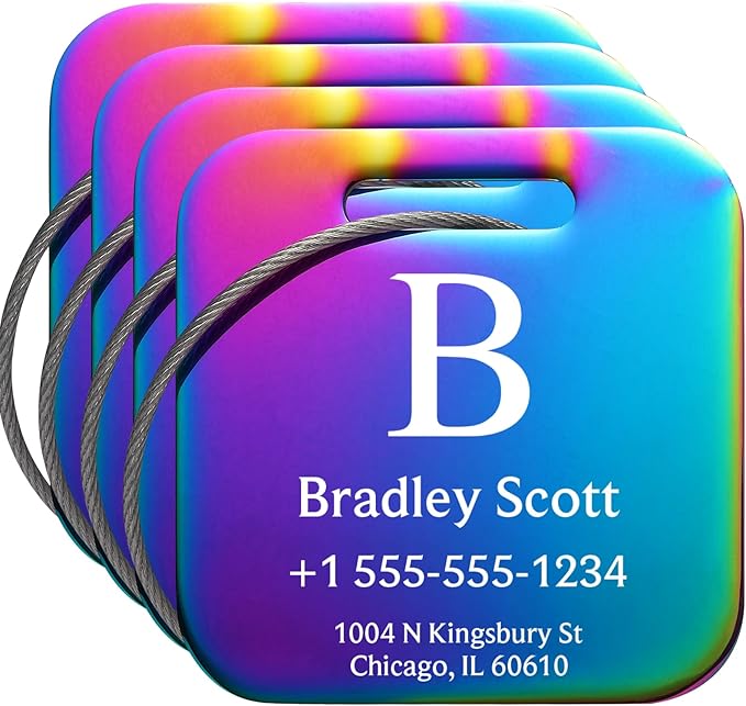 Stainless Luggage Tags for Suitcases 4 Pack: Metal Personalized Luggage Tags for Backpacks & Bags with Customizable Texts (Rainbow)