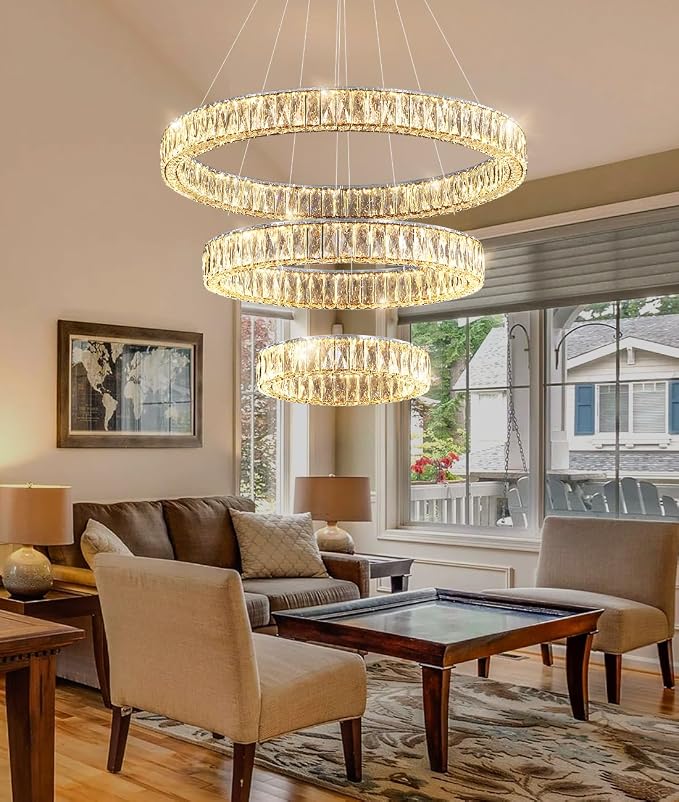 HAIXIANG Modern Glam Chandelier Crystal LED Remote Rings Chandelier Adjustable
