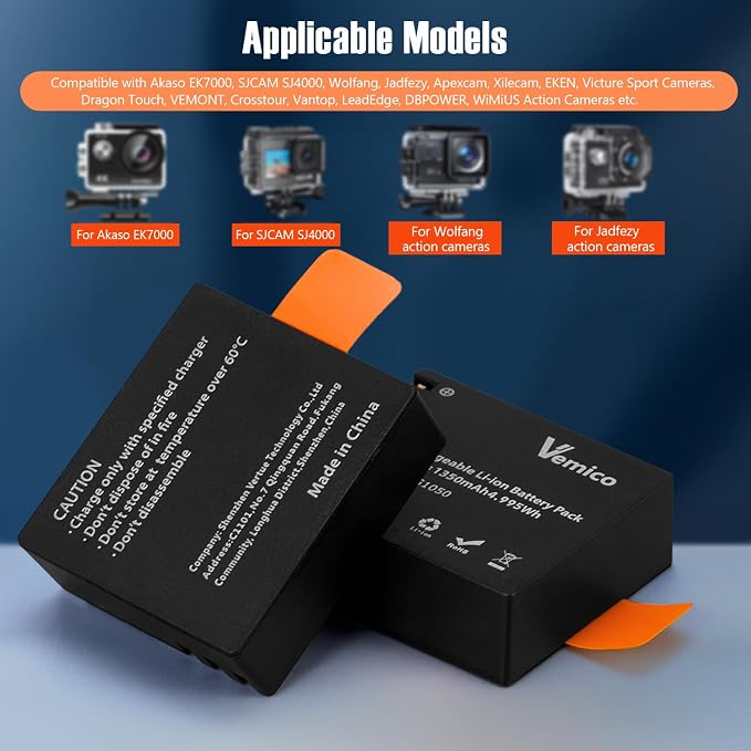 Vemico Action Camera Battery Charger 3-Pack 1350mAh PG1050 Battery LED