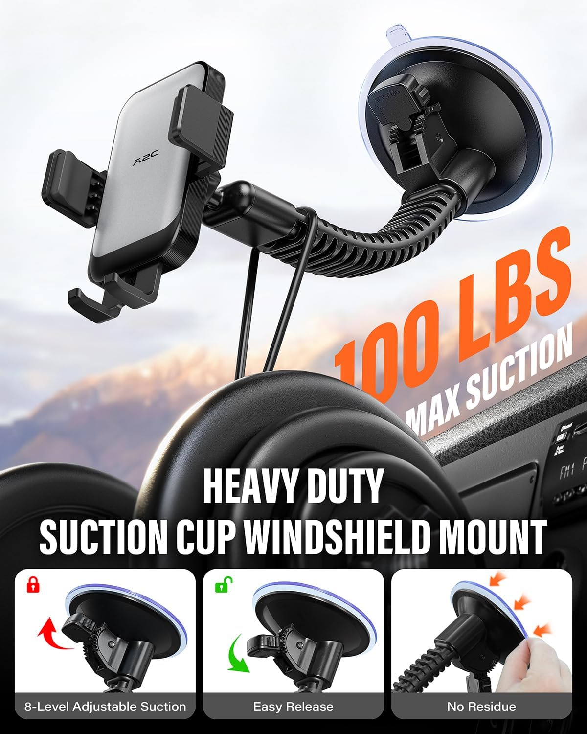 A2C Heavy Duty Truck Phone Mount, 10" Metal Long Arm Windshield Phone Mount