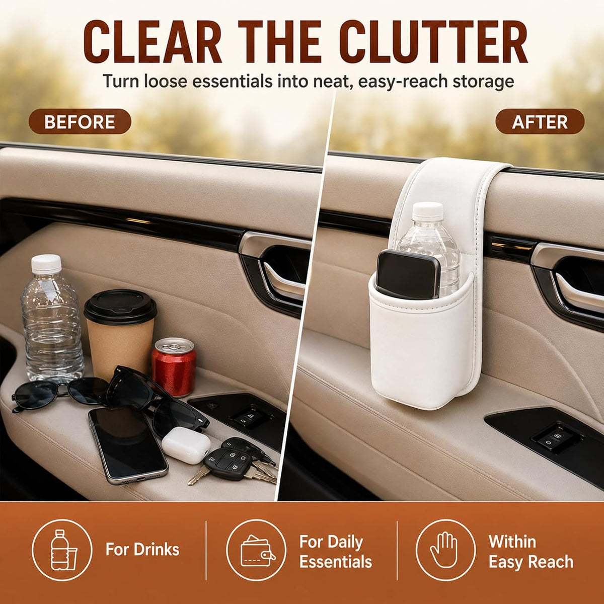 Leather Car Door Cup Holder for Window, Hanging Bottle Holder, Black