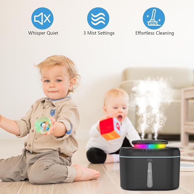 SZO Humidifiers for Bedroom, 2.5L Capacity, Auto Shut-Off, Easy to Fill & Clean, 16 dB Quiet Ultrasonic Humidifier for Large Room, Plants, Baby Nursery, Indoor, Night Light(Black)