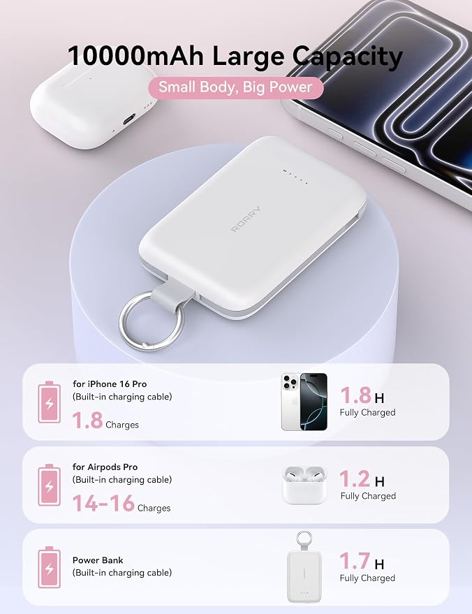 RORRY Portable Charger, 10000mAh PD 30W Fast Charging Portable Charger Power Bank with Built-in Cables, Travel Keychain Charger Battery Pack for iPhone 17/16/15/14/13/12, for AirPods 2/3/4/Pro, Black