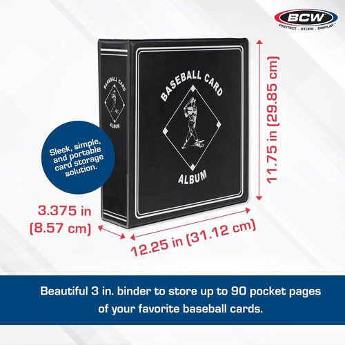 BCW Supplies Baseball Album - Premium 3" Black Binder for 90 Cards | Heavy-Duty D-Ring for Lasting Durability