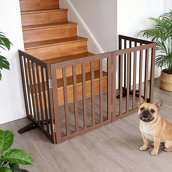 ZJSF Freestanding Indoor Dog Gate for House Foldable Wood Puppy Gate for Doorways Pet Gate for Stairs Extra Wide Pet Fence, Brown, 32" Height 3 Panels