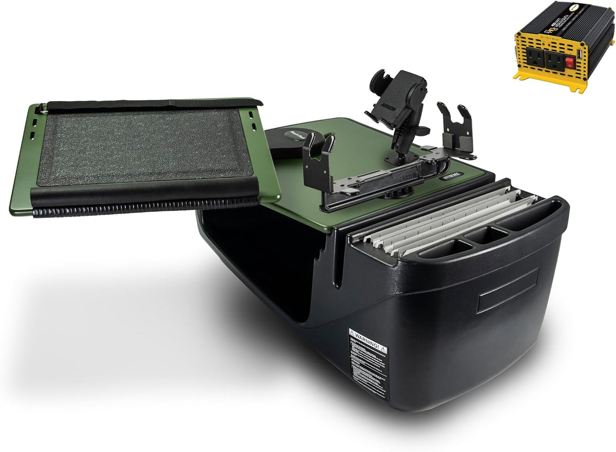AutoExec Reach Car Desk for Your Vehicle Workstation and Mobile Office, Front Seat Army Green with 400 watt Power Inverter, Printer Stand and Phone Mount