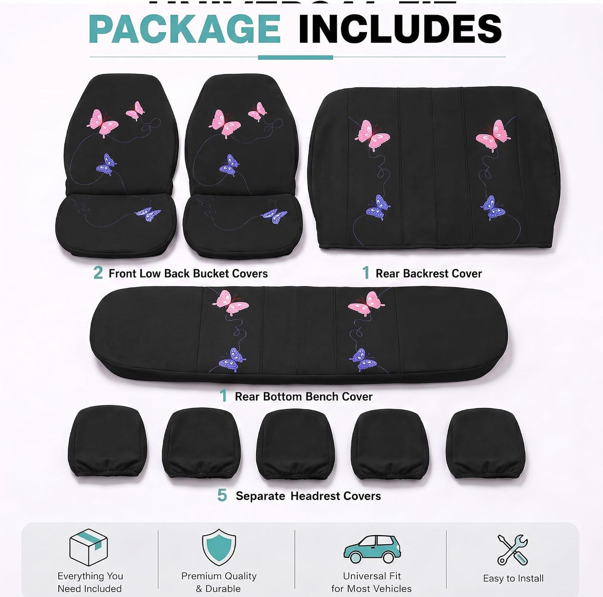 FH Group Full Set Butterfly Cloth Car Seat Covers - Universal Fit, Low Back Front Seat Covers, Solid Back Seat Cover, Washable Seat Cover for SUV, Sedan, Van, Black