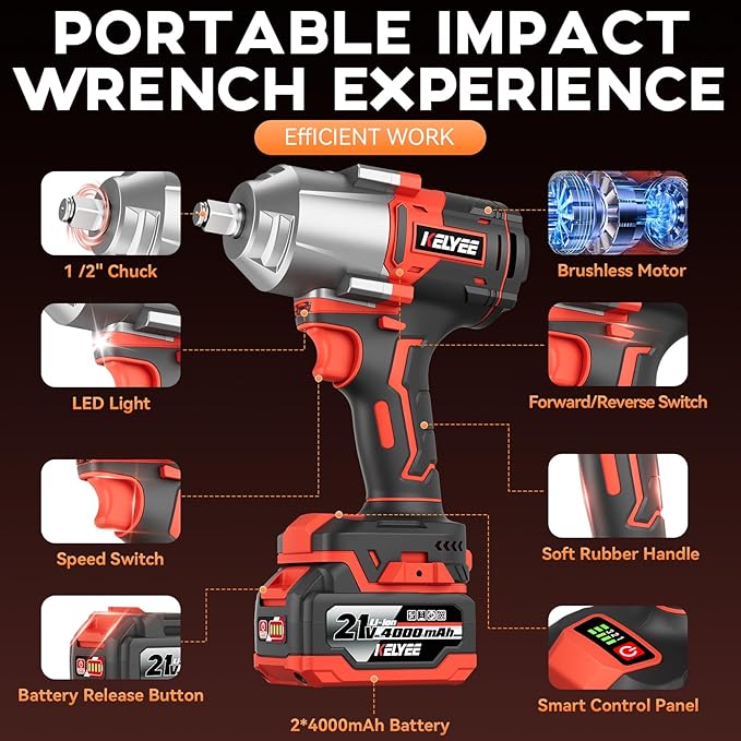 996Ft-lbs (1350N.m) Impact Wrench, 1/2" Cordless Impact Driver, 21V Brushless Impact Gun, High Torque Impact Wrench with 2x4.0Ah Battery, Power Motor Variable Speeds for Car/Pickup Truck/Mower