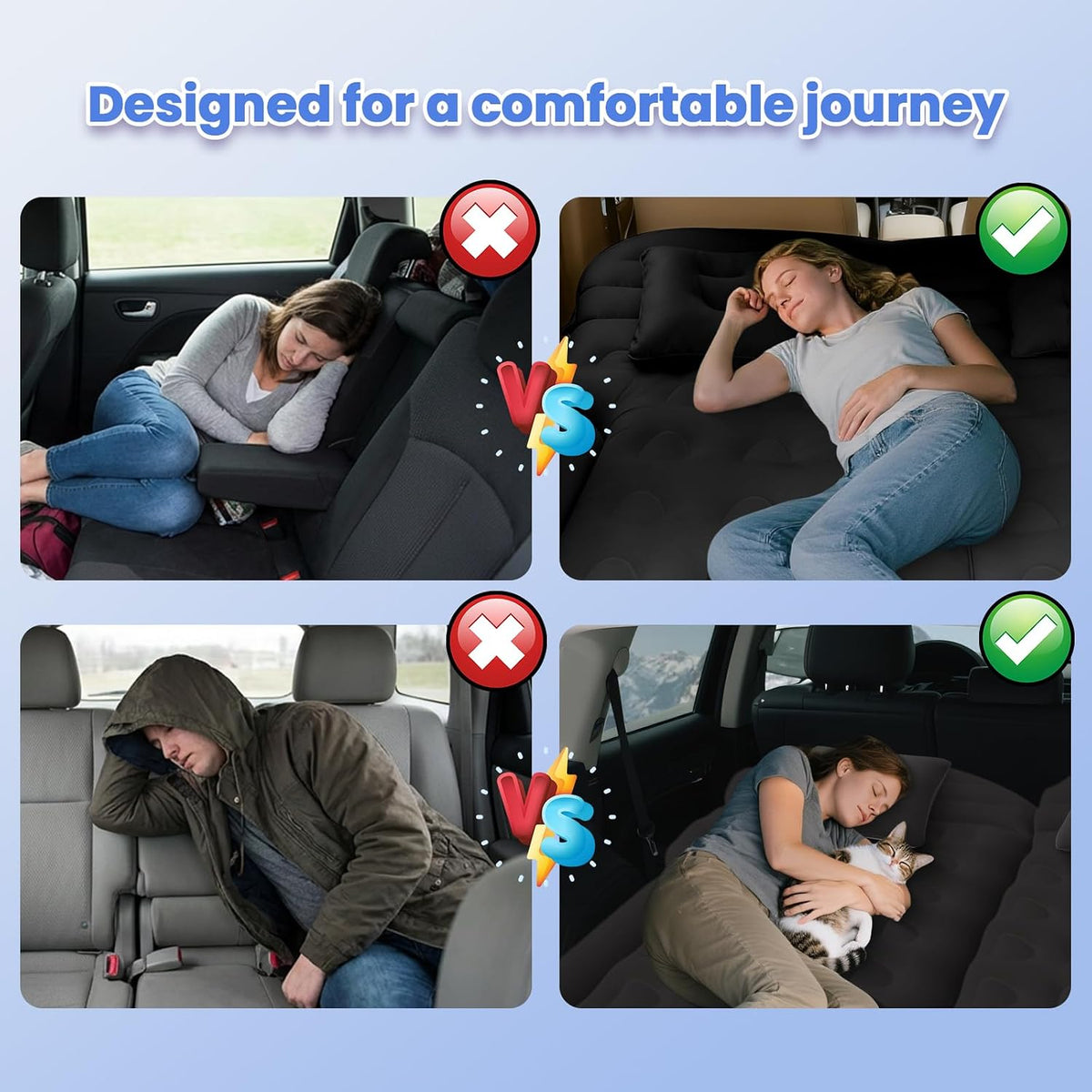 Car Air Mattress - Inflatable Bed SUV Mattress for Cars RV Truck Backseat Trunk, Portable Camping Bed Flocked Airbed Sleeping Mat for Vehicle Travel Road Trip Indoor&Outdoor Activities (Black)
