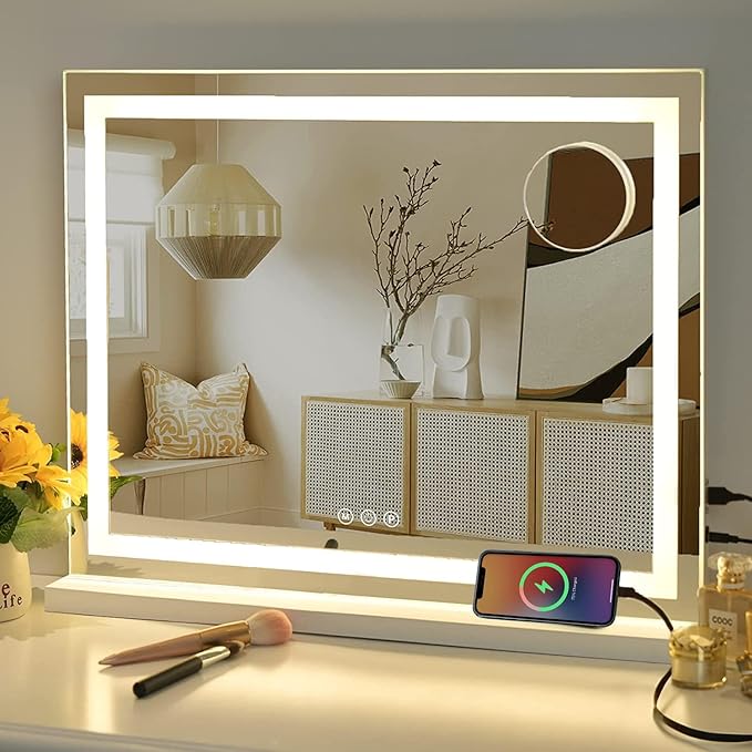 Sucedey Vanity Mirror with Lights, 23" x 19" Large Makeup Mirror with 3 Color Modes & Adjustable Brightness, Detachable 10x Zoom Mirror,Smart Touch Control,Plug in(Tabletop & Wall-Mounted)