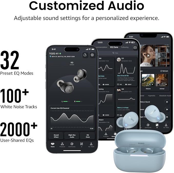 TOZO A1 Wireless Earbuds Bluetooth 5.3 Light Weight in Ear Headphones | IPX5 Waterproof, 2 Mics for AI Calls, Immersive Premium Sound Bass Ear buds with Charging Case, 32 Presets EQ via TOZO App