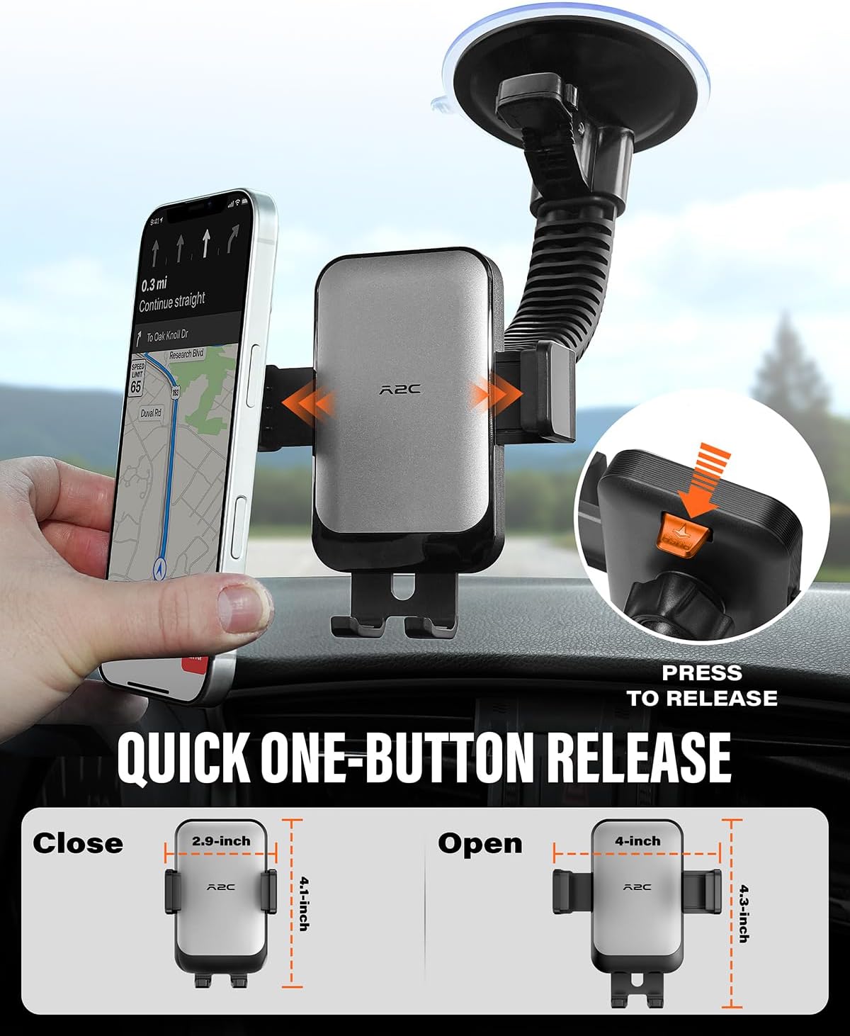 A2C Heavy Duty Truck Phone Mount, 10" Metal Long Arm Windshield Phone Mount