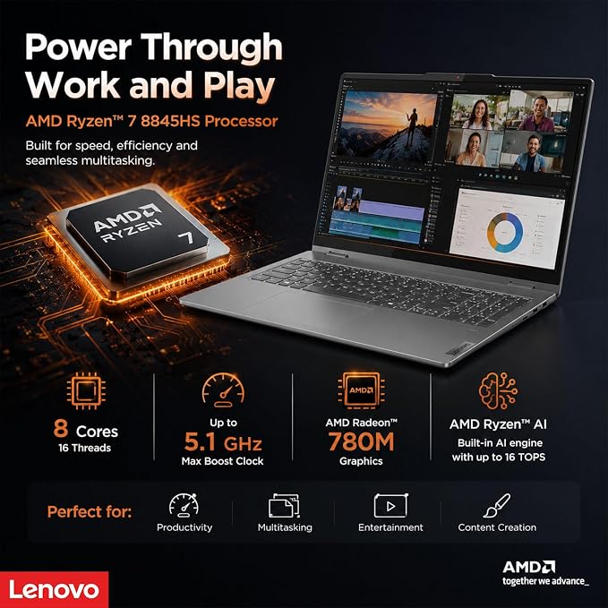 Lenovo IdeaPad 5 2-in-1 Convertible Laptop, AMD Ryzen 7 8845HS Processor, 16" WUXGA IPS Touchscreen, 16GB DDR5 RAM, 512GB SSD, Fingerprint Reader, Backlit Keys, Wi-Fi 6, Windows 11 Home, WOWPC USB