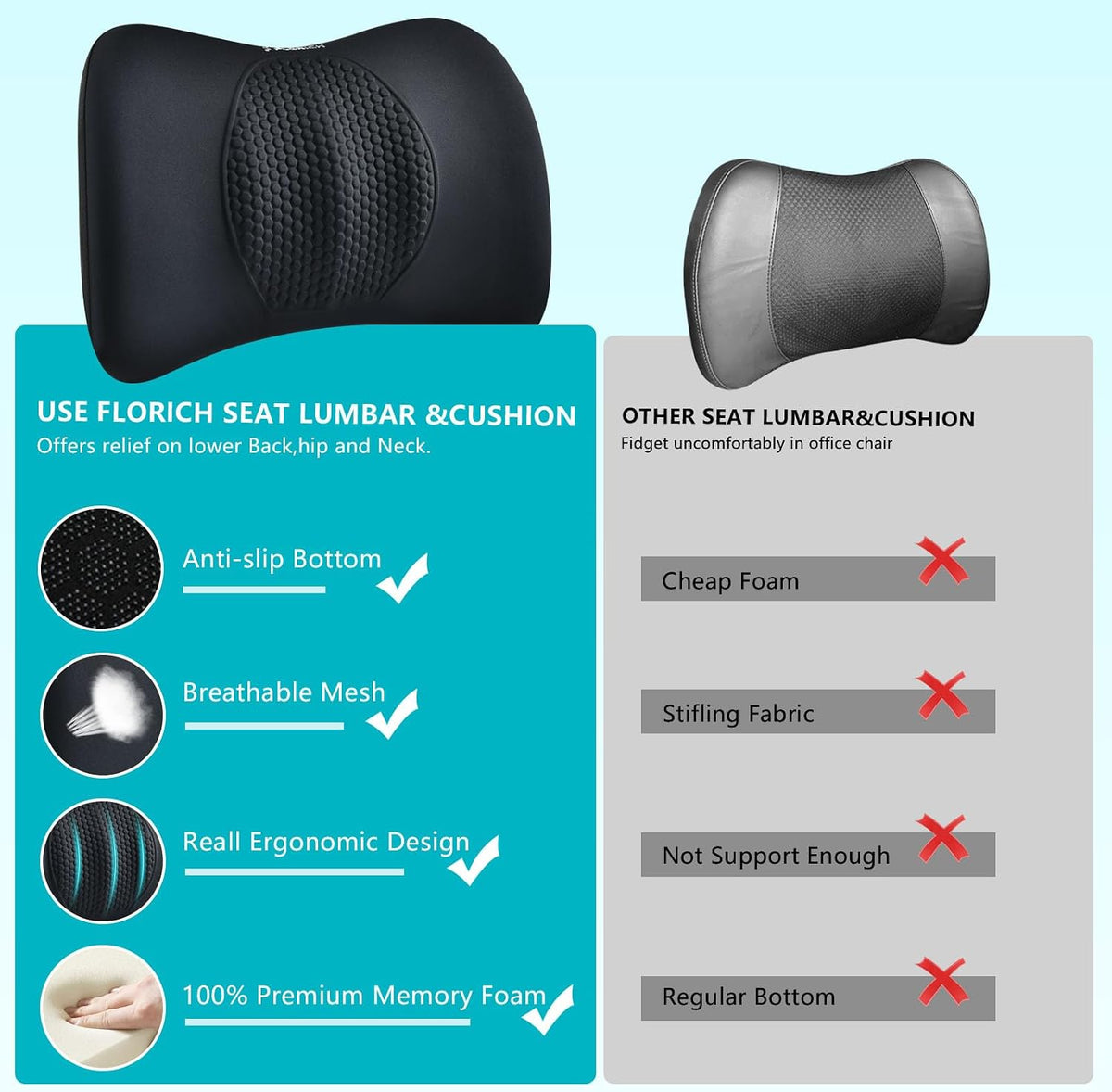 FLORICH 3 PCS Seat Cushion for Carseat Lumbar Support Pillow Car Neck Headrest Pillow 100% Memory Foam Seat Pads Pressure Relief Back Cushion for Office Chair(Black)