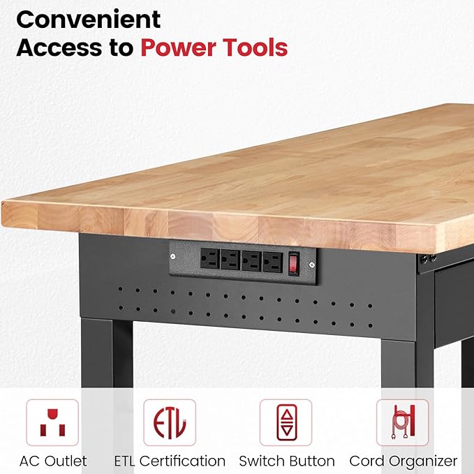 ENJOYWOOD 60" x 22" Heavy Duty Workbench Adjustable Height Garage Work Table with Solid Rubberwood Top, Drawer & Power Outlets for Workshop, Home & Office
