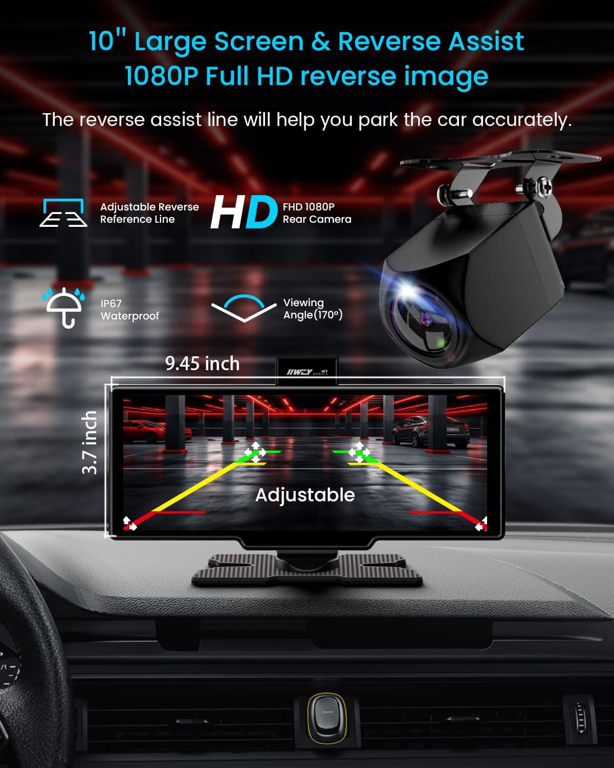Portable Apple Carplay Screen, 10’’ Car Stereo Wireless Car Play & Android Auto Touch Screen, 4K Dash Cam, 1080P Backup Camera, Mirror Link/Voice Control/Music Play/GPS Navigation
