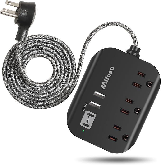 10FT Power Strip with USB Ports - Extension Cord with 3 Outlets and 3 USB Charging Ports, Flat Plug, Wall Mount, No Surge Protection for Cruise Ship Travel, Desk Accessories for Dorm Room Essentials
