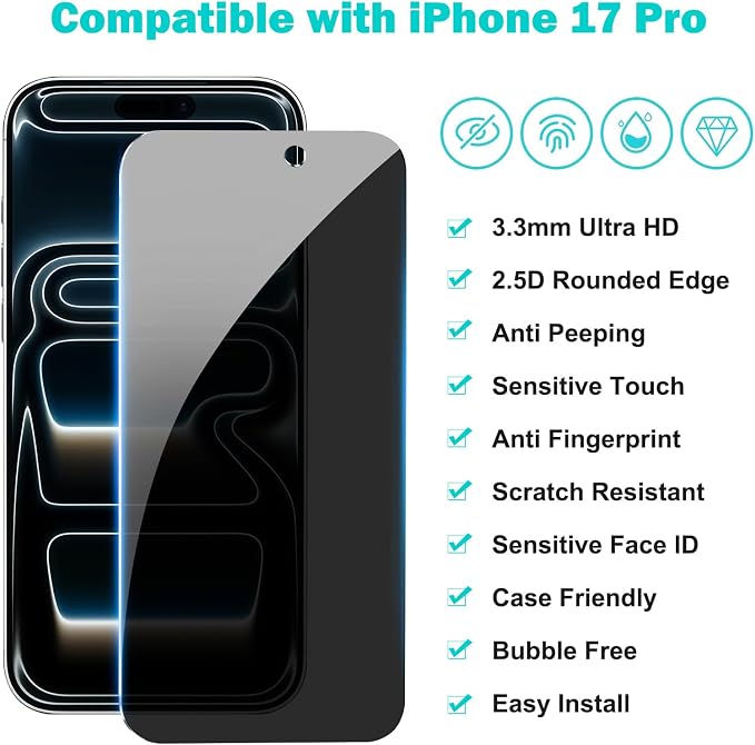 PEHAEL 3+3 Pack for iPhone 17 Pro Privacy Screen Protector