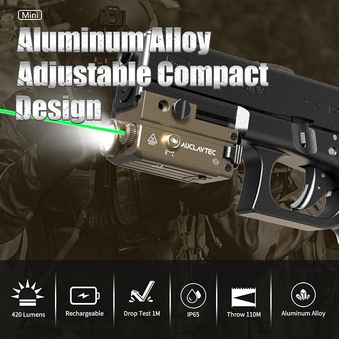 AUCLAYTEC Pistol Flashlight Green Laser Combo 420 Lumens Pistol Light Recharge