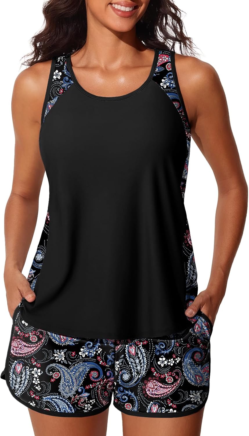 Summer Mae Blouson Tankini Swimsuits - Tummy Control Two-Piece Bathing Suit with Sporty Pockets | Women's Swim Shorts