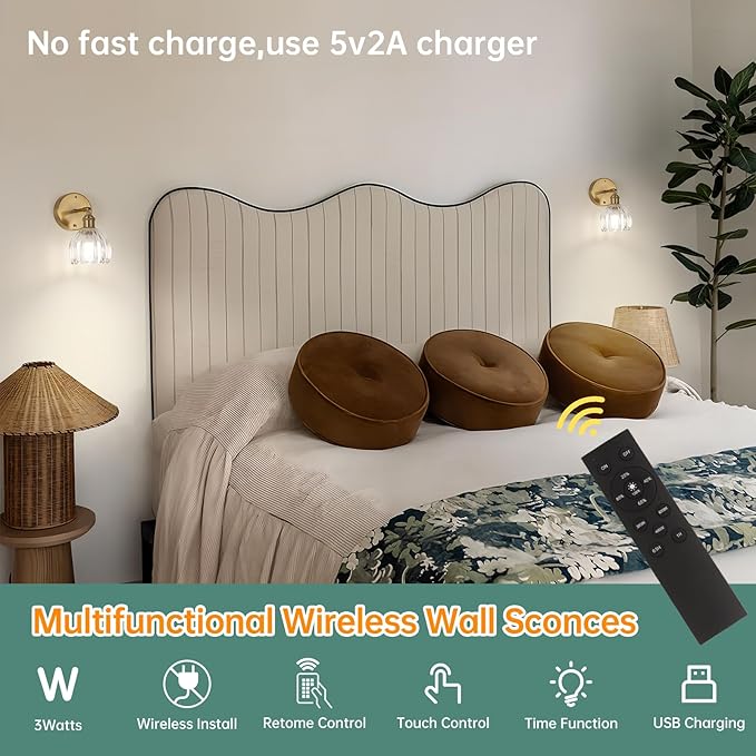 Battery Operated Vintage Wall Sconces with Transparent Tulip Glass Lampshade Battery Powered Wall Lighting for Bedside Bedroom Doorway, Set of 2