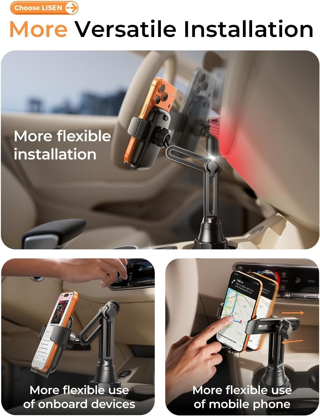 LISEN [Upgraded Version Cup Holder Phone Holder for Car, Universal 360° Adjustable Long Neck Car Phone Mount Golf Cart Truck Jeep, Compatible with iPhone Samsung Google & All 4.0-7.0 '' Phones