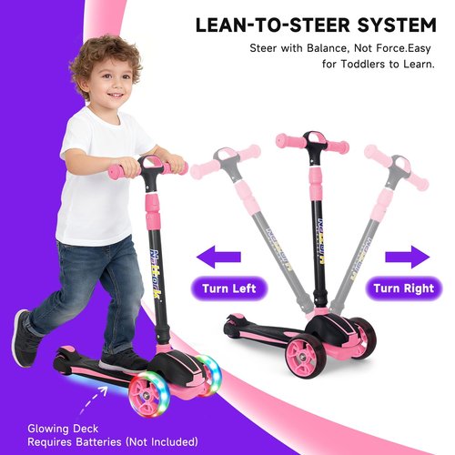 Nattork Kids Scooter for Age 3-5, Toddler Scooter with 4 Adjustable Height for Boys & Girls, Light Up 3-Wheels Foldable Kick Scoote, Lean to Steer, 120LB Weight Capacity Age 5-8 Pink