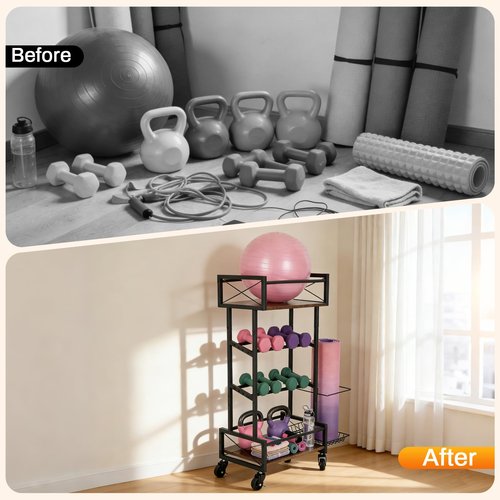 Bootuu Yoga Mat Storage Rack, Home Gym Storage Rack, Retro Metal & Wood Weight Storage Racks for Yoga Mat, 360° Roller & Fitness Equipment, 60 Lbs per Shelf