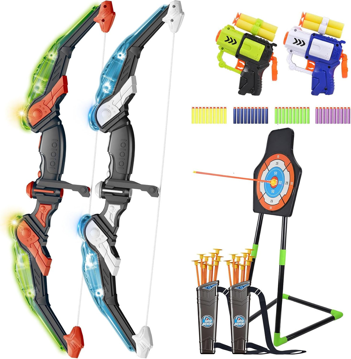 Skiennix Bow and Arrow Set - LED Light-Up Toy for Kids 4-12 | Includes 20 Suction Cup Arrows & Target
