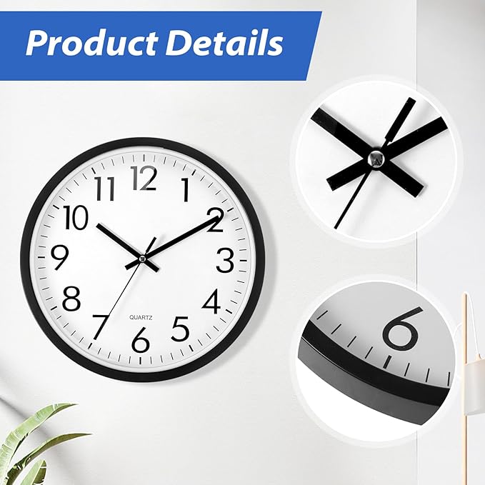 Sasylvia 3 Pcs 10 Inch Wall Clock Battery Operated Round Clock