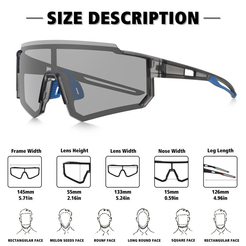 STORYCOAST Polarized Sports Sunglasses for Men Women,Driving Fishing Cycling Mountain Bike Sunglasses UV400 Protection Clear Gray Frame-photochromic Lens
