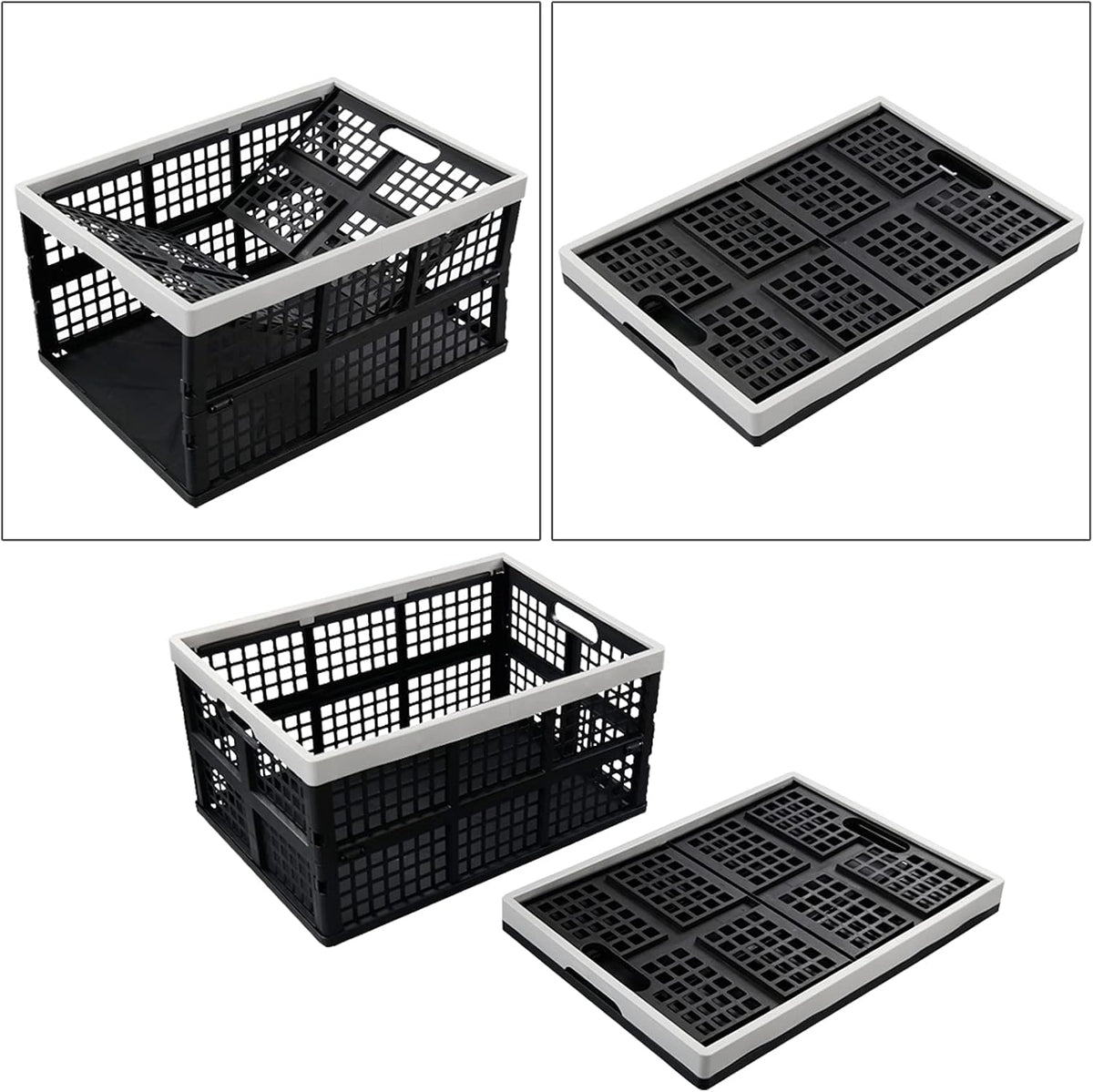 3-Pack Plastic Crates, 42L Foldable Baskets, Collapsible Crates | Stackable Storage Container, Baskets and Bins for Organizing Tools, Books, Food, Drinks, Camping, Shopping & Transport