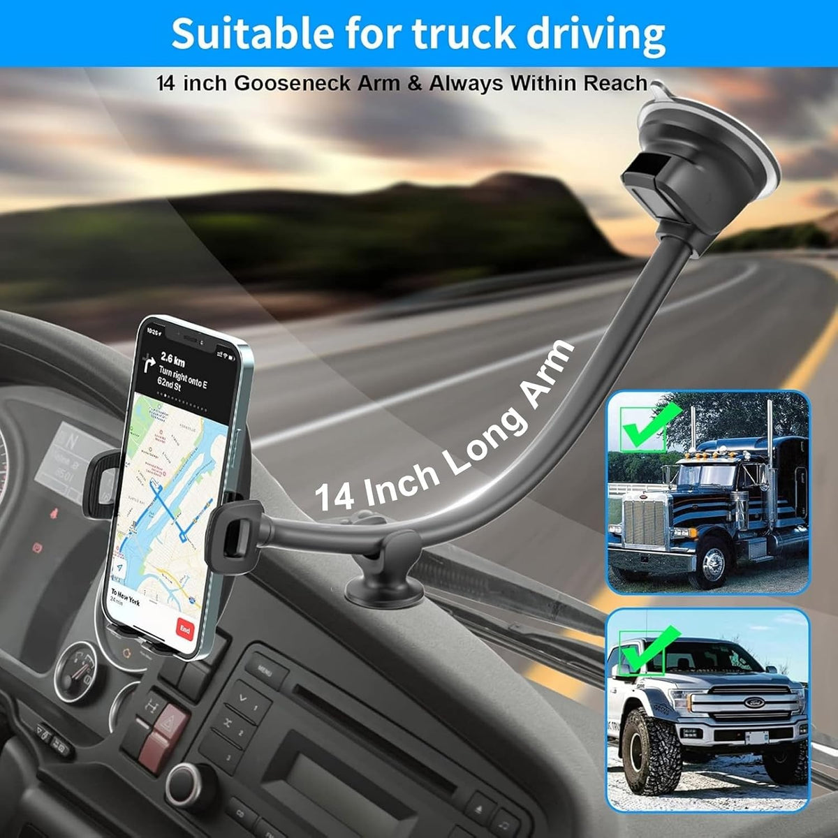 APPS2Car 14'' Gooseneck Car Truck Phone Holder, Windshield Phone Mount