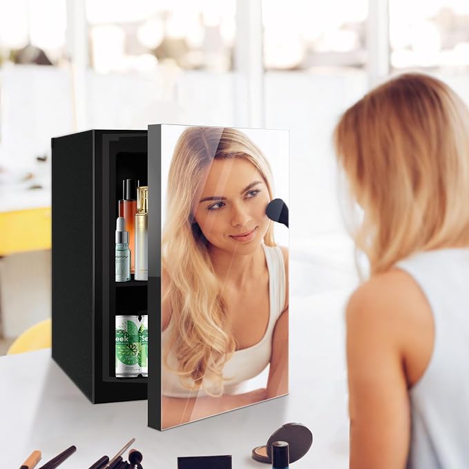 Stopasd Compact Beverage Refrigerator, 0.9 Cu.Ft/24 Can Mini Fridge with Adjustable Shelves & Mirror Door for Drink and Cosmetics,Quiet Compact Countertop Skincare Fridge for Bedroom/Office/Bar