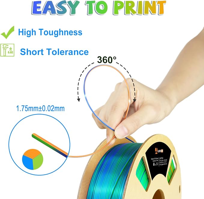 LOVOON PLA 3D Printing Filament 1.75MM Silk tricolors, Color Change by Angle