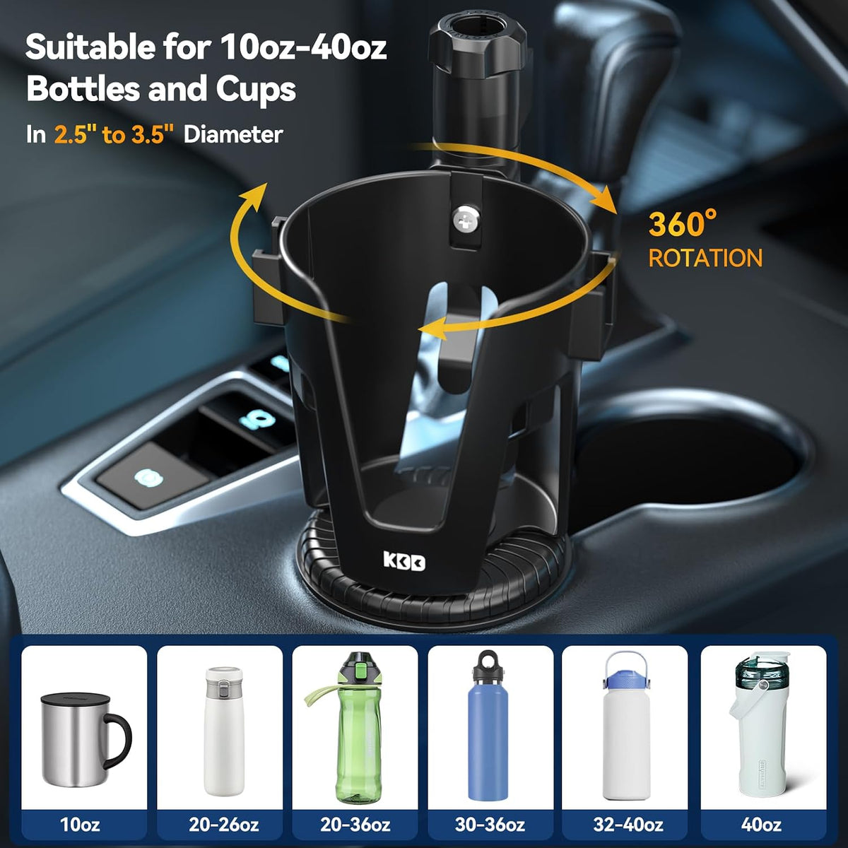 KDD Car Cup Holder Expander - 3 in 1 Cup Holder Adapter with Adjustable Base - Detachable Phone Holder & 360° Rotation Food Tray for Car - Compatible with Vehicles, Car, Road Trip Essentials