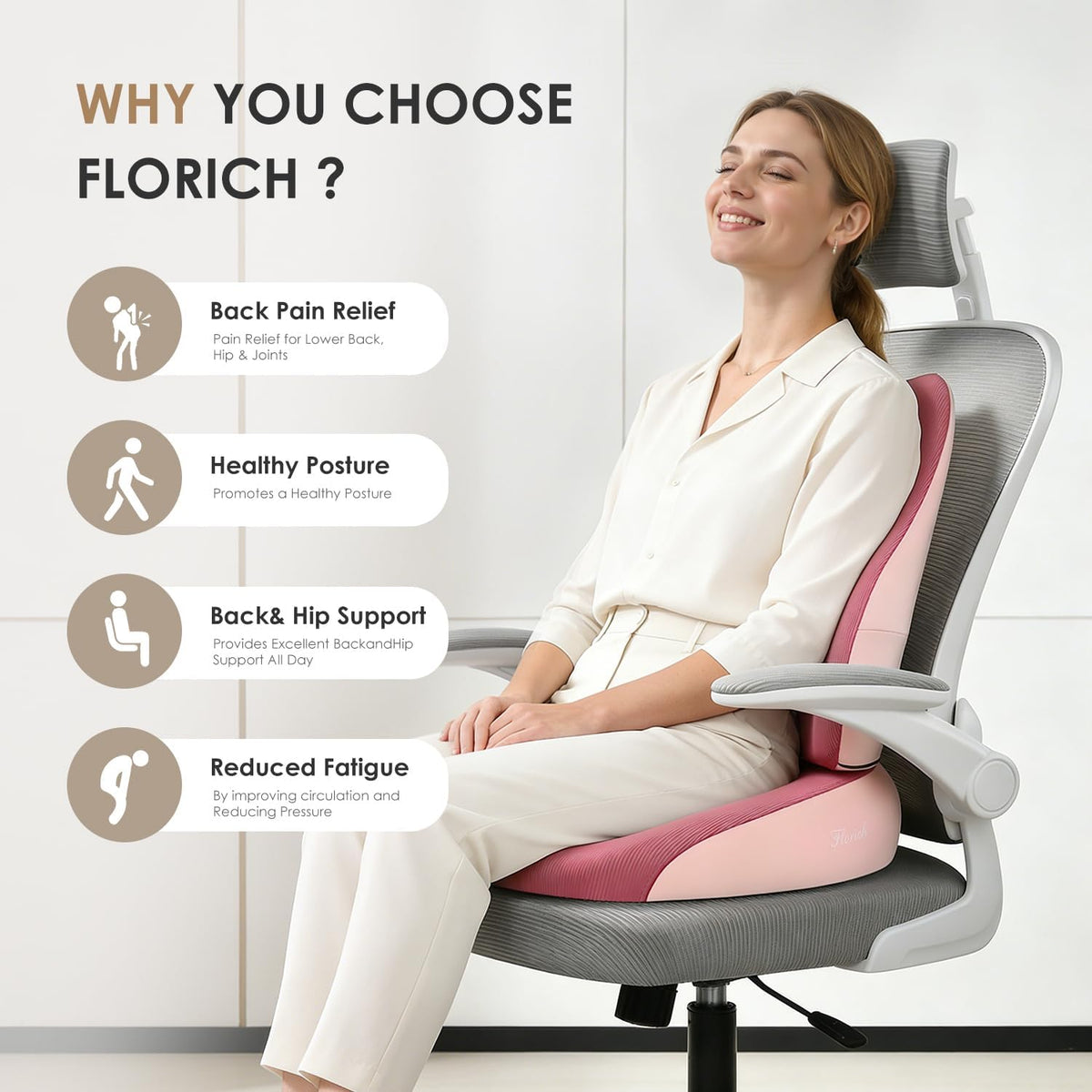 FLORICH Large Car Seat Cushion and Lumbar Support Pillow, Ergonomic Memory Foam Driving Seat Cushion for Back & Sciatica Pain Relief, Non-Slip Washable Seat Cushion for Car, Driver, Office-Pink