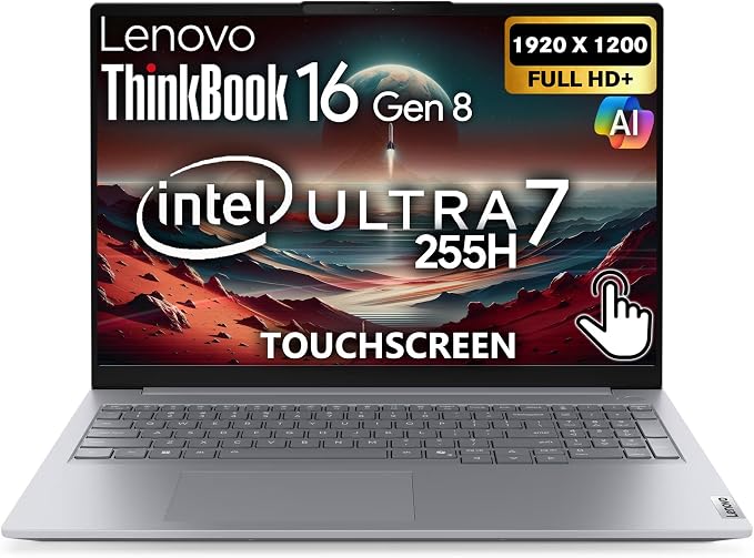 Lenovo ThinkBook 16 Gen 8 AI Business Laptop, 16” Touchscreen FHD+, Intel Ultra 7 255H, 16GB DDR5 RAM, 512GB SSD PCIe, WiFi 6E, HDMI, Fingerprint Reader, Backlit KB, Webcam, Win 11 Pro