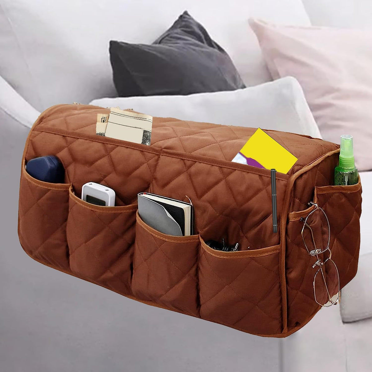 MEHIDFY Armchair Caddy, Waterproof Sofa Armrest Organizer, Non Slip Recliner Organizer, Remote Holder for Recline, Recliner Caddy with 14 Pockets Storage for TV Remote, Phone, Magazine (White)