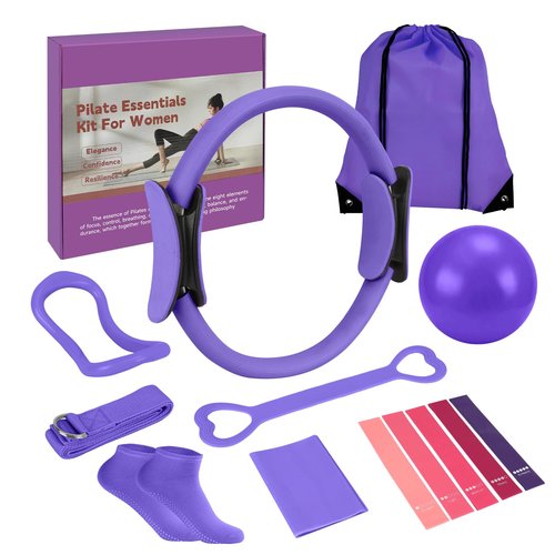 Home Pilates Essentials Kit for Women, Pilates Equipment Ring and Ball Set, 12'' Magic Circle, Yoga Ball,8 Resistance Bands Premium Accessories Kits for Starter Toning Workouts at Home (Purple)