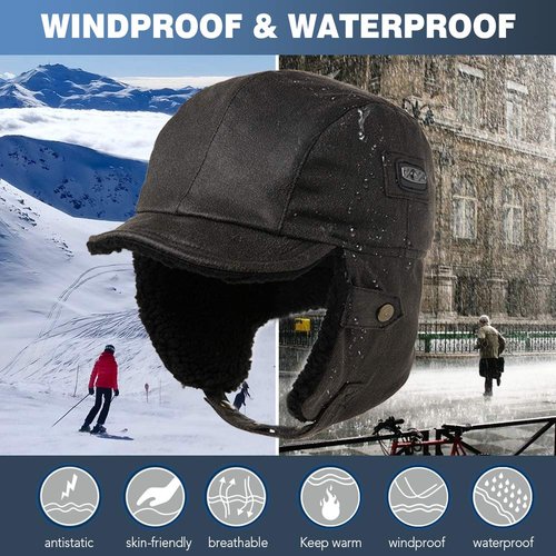 Comhats Aviator Hat Faux Leather Pilot Cap Oversize Adult Men Winter Trapper Hunting Hat 56-66CM (US, Alpha, X-Large, Black)