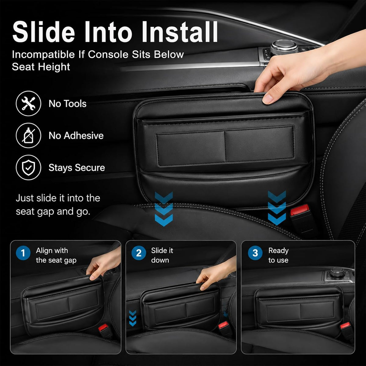 Car Seat Gap Filler Organizer, Front Seat Organizer with Card Slots, Black
