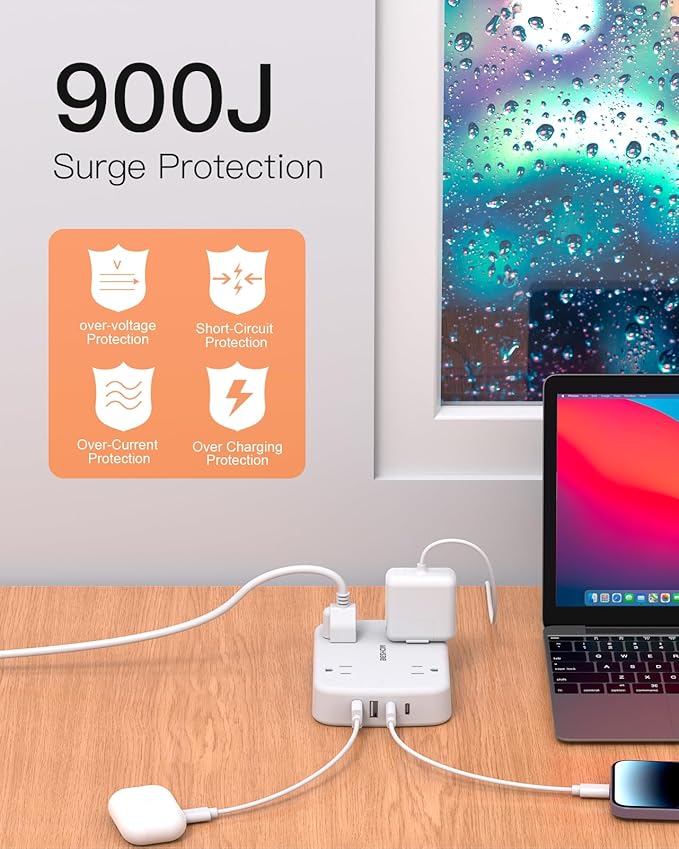 Extension Cord 15 ft, BESHON Long Power Strip with 2 USB C, Flat Plug Power Strip, 4 Outlets and 4 USB Charging Ports, Outlet Extender, 900 Joules, for Home Office Dorm Room Essentials