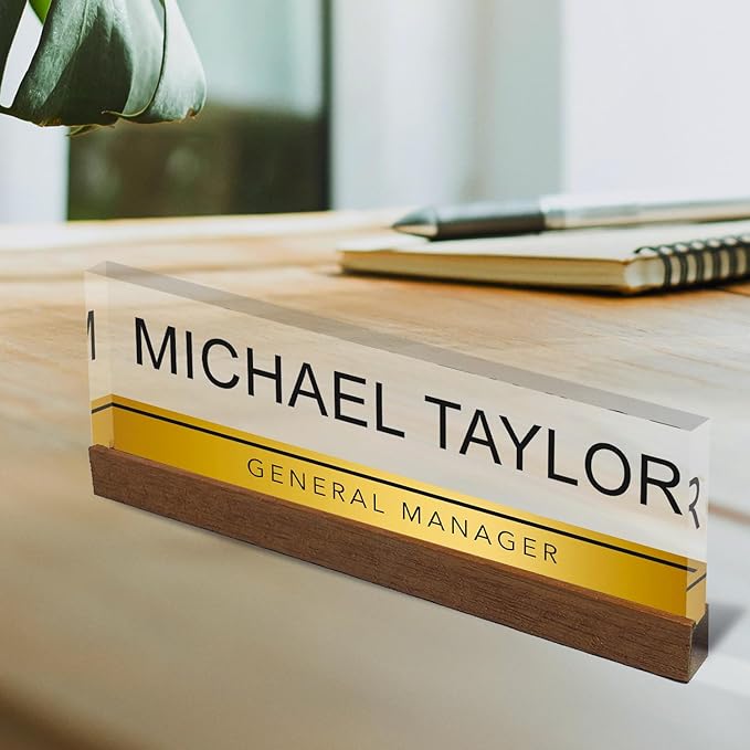 Artblox Personalized Office Desk Name Plate with Business Card Holder | Clear Acrylic Glass with Teak Wood Stand | Gold Stripe Design Customized with Your Name and Credentials Office Desk Décor