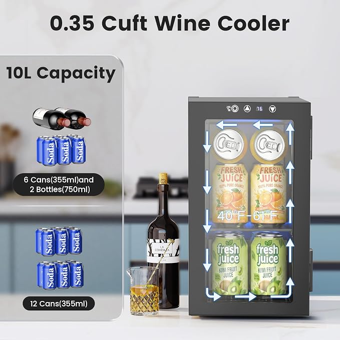Electactic 10L Mini Beverage Refrigerator, 12-Can Capacity, 40-61°F | Compact 10L beverage fridge holds up to 12 cans, with a 40-61°F range, digital display, LED light, and glass door.