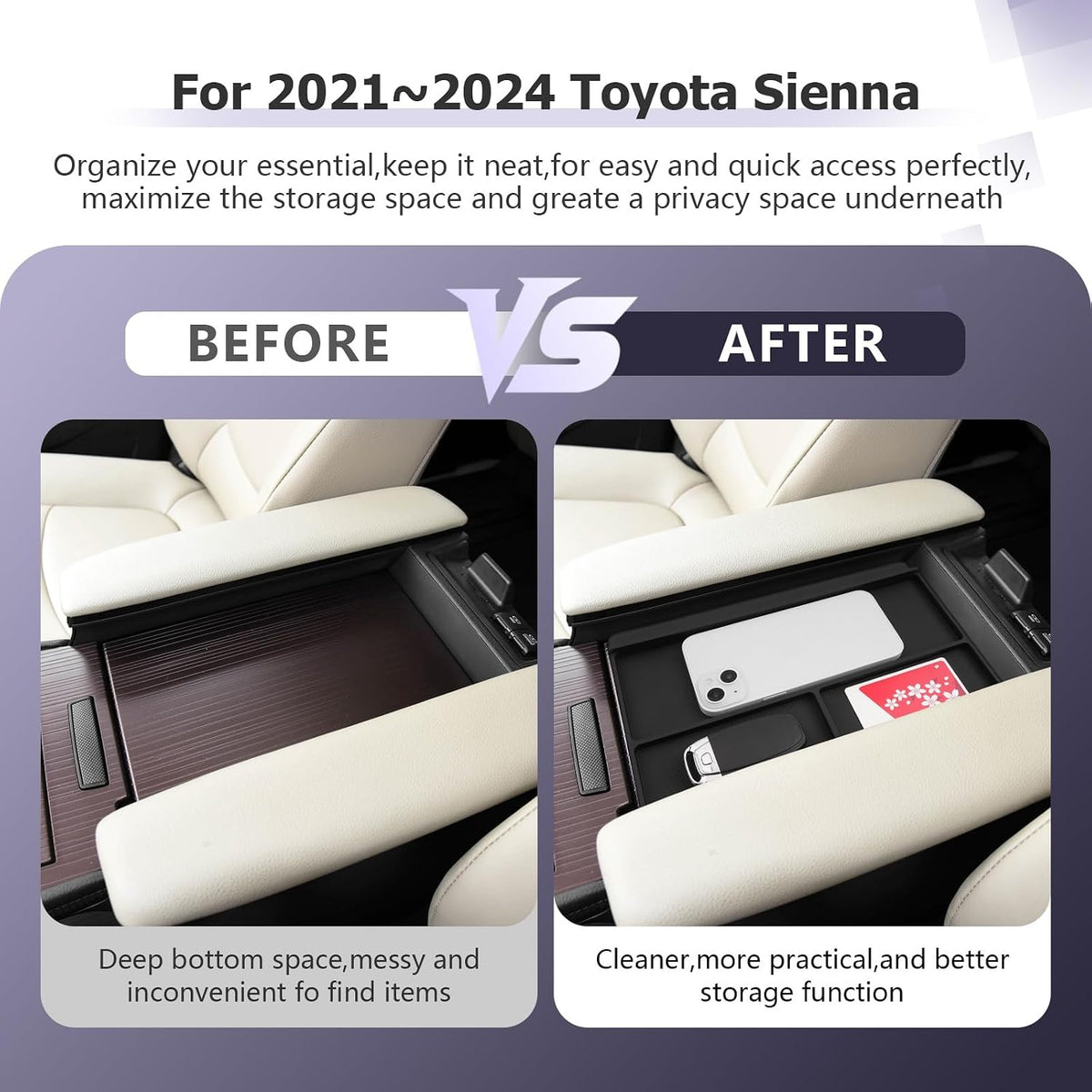 LUWU Center Console Organizer Tray Compatible with 2021 2022 2023 2024 2025 2026 Toyota Sienna Accessories Armrest Storage Pad Anti-Slip Armrest Lid for 2025 2026 Sienna Accessories(Not for Cool Box)