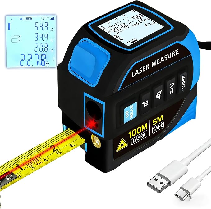 4-in-1 Laser Tape Measure 328FT, Digital Laser Distance Meter, 16FT Steel Tape