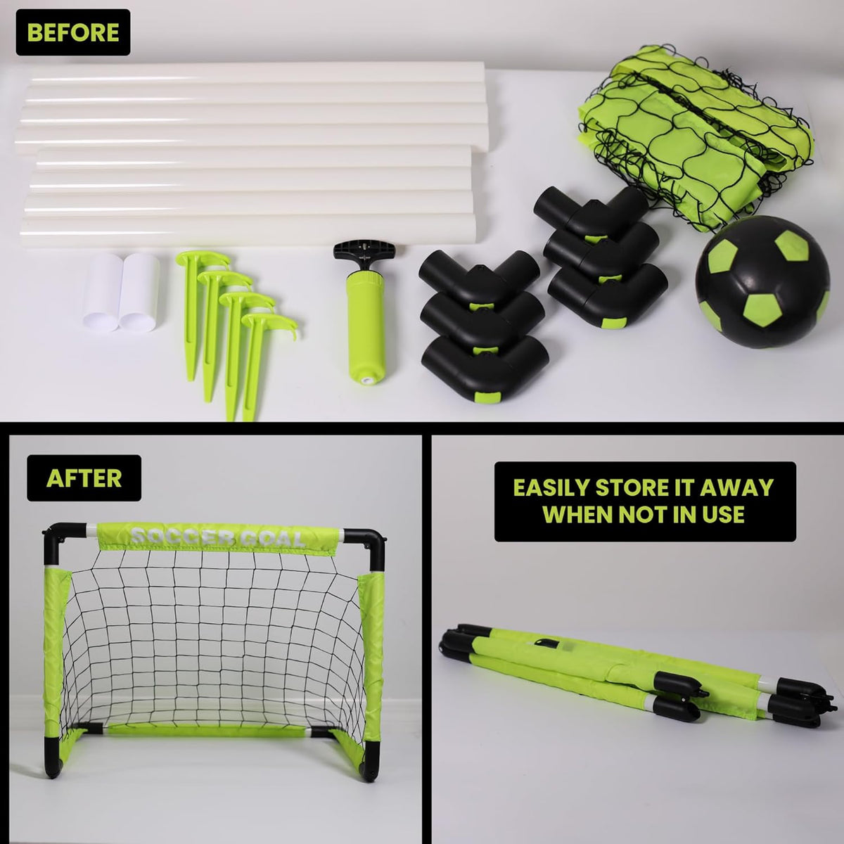 Skiennix Kids Soccer Goals Set - Indoor & Outdoor Play with Foldable Goal, Ball, Pump & 4 Stakes